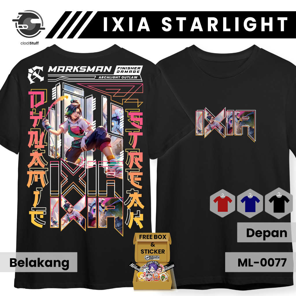 Kaos MLBB IXIA STARLIGHT Mobile Legends Lengan Pendek Hitam Combed 24s Skin Marksman ML