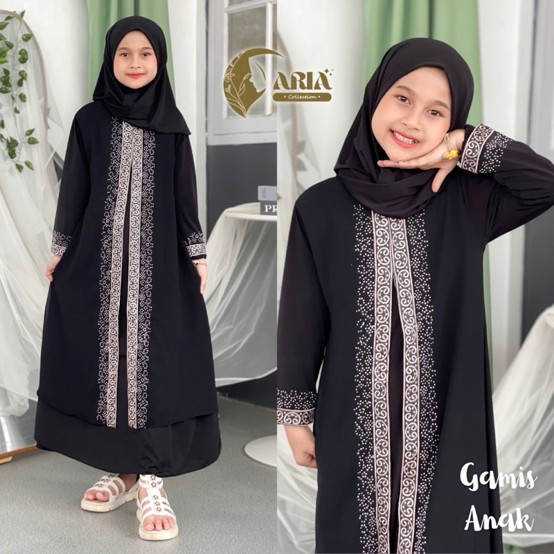 ARIA COLLECTION Gamis Abaya Anak Set Hijab Usia 1-12 Tahun Jetblack Premium Bordir Payet