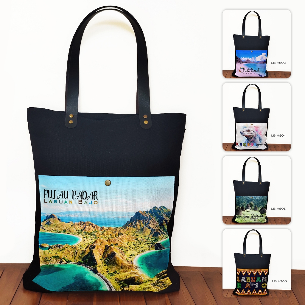 Totebag Canvas Hitam Saku Souvenir Labuan Bajo Tas Labuan Bajo