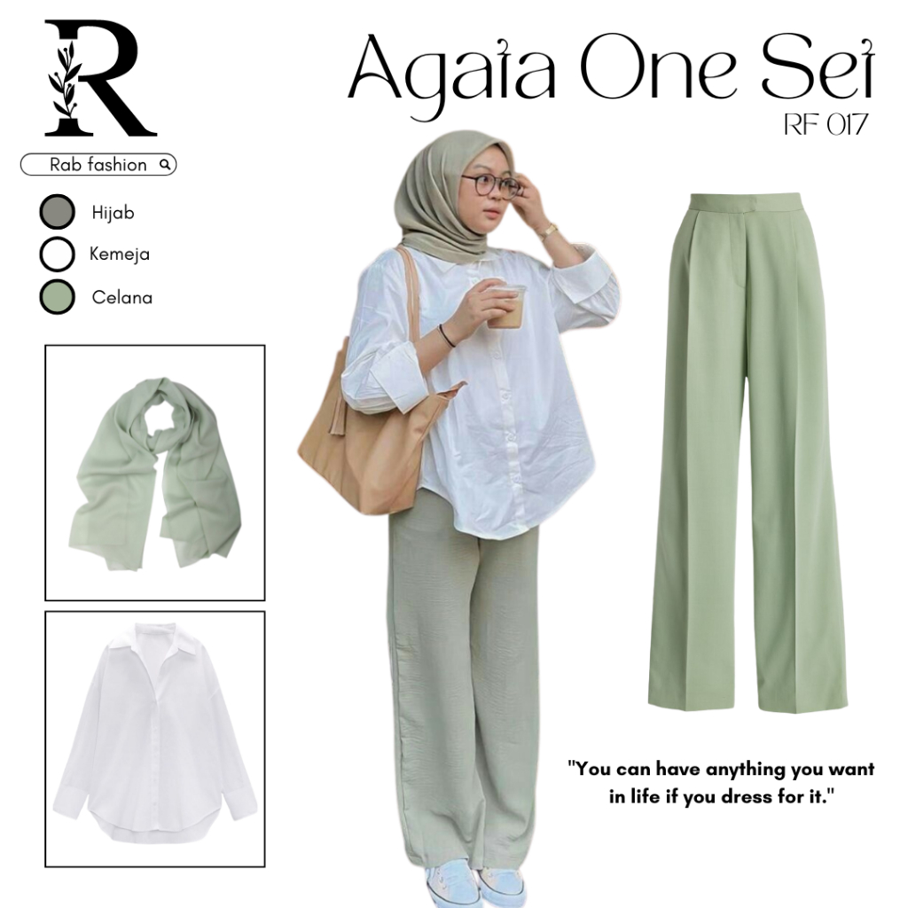 One Set - Sage Outfit OOTD (Hijab Bella Square + Kemeja Halus + Celana Kulot Crinkle Airflow) RF017B