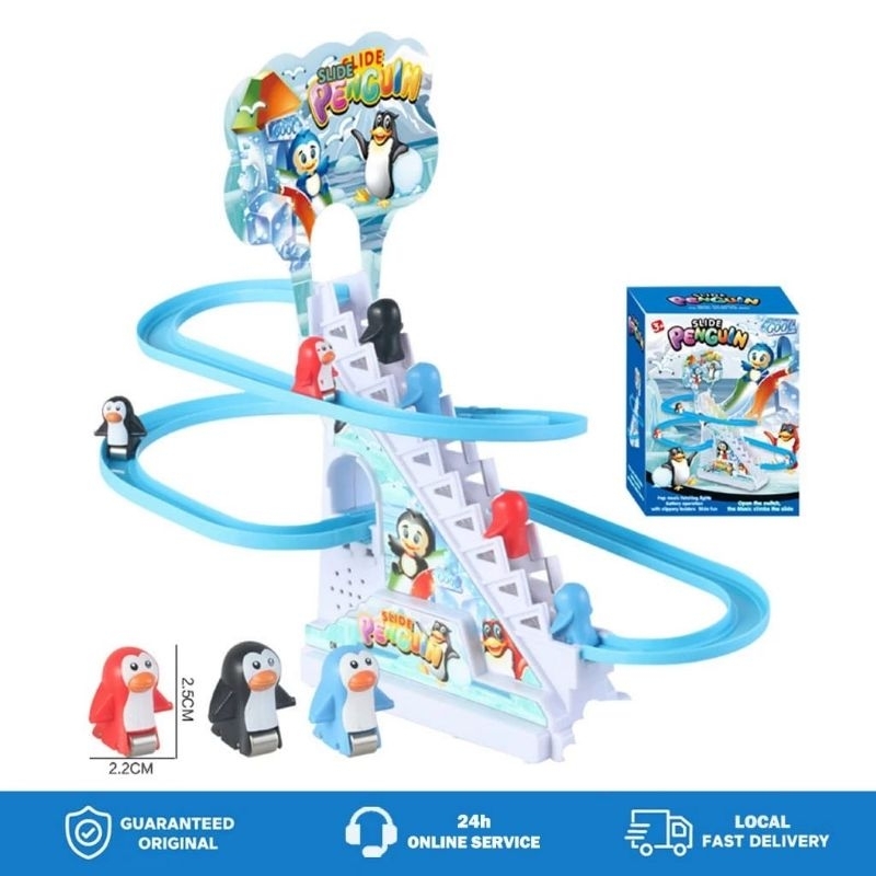 Mainan Seluncuran Otomatis Pinguin Naik Tangga Pinguin Track Balap Berlampu dan Musik lagu / Mainan 