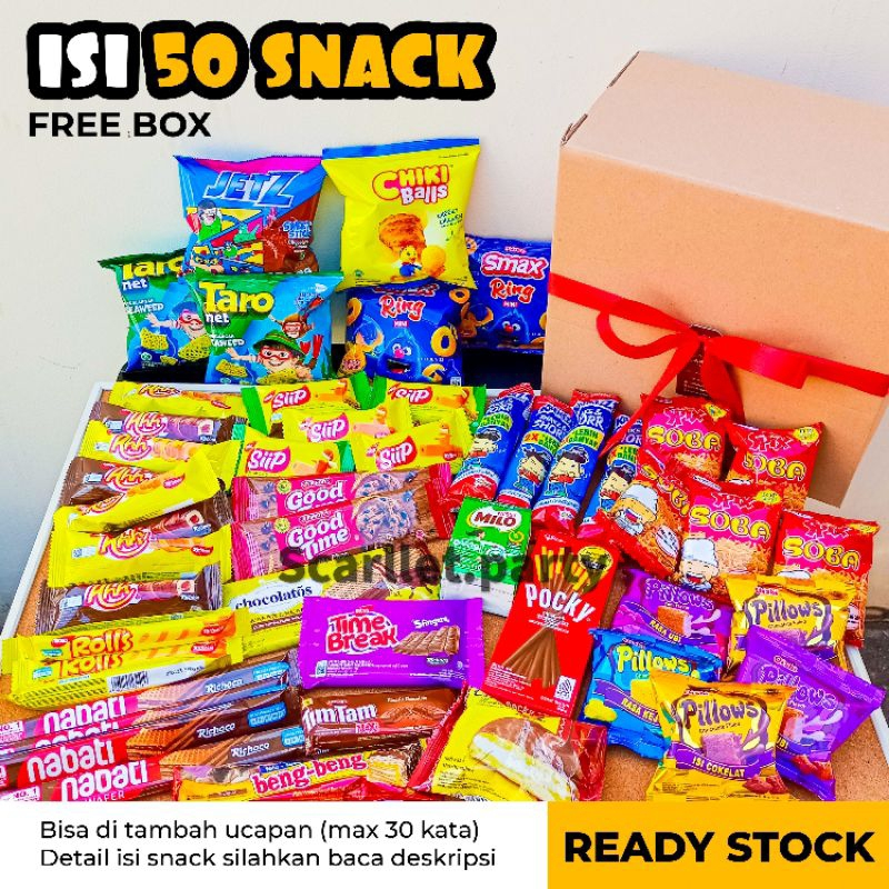 

[FREE BOX] PAKET SNACK ISI 50 PCS KADO HAMPERS ULTAH BIRTHDAY CEMILAN MURAH MERIAH MAKANAN WAFER CHIKI COKLAT BOX KADO HADIAH LEBARAN WISUDA BUKET IDUL FITRI IDUL ADHA BENG-BENG WAFER CHIKI PILLOWS MAKANAN KADO ANAK ULTAH DROPSHIP RESELLER TANGERANG