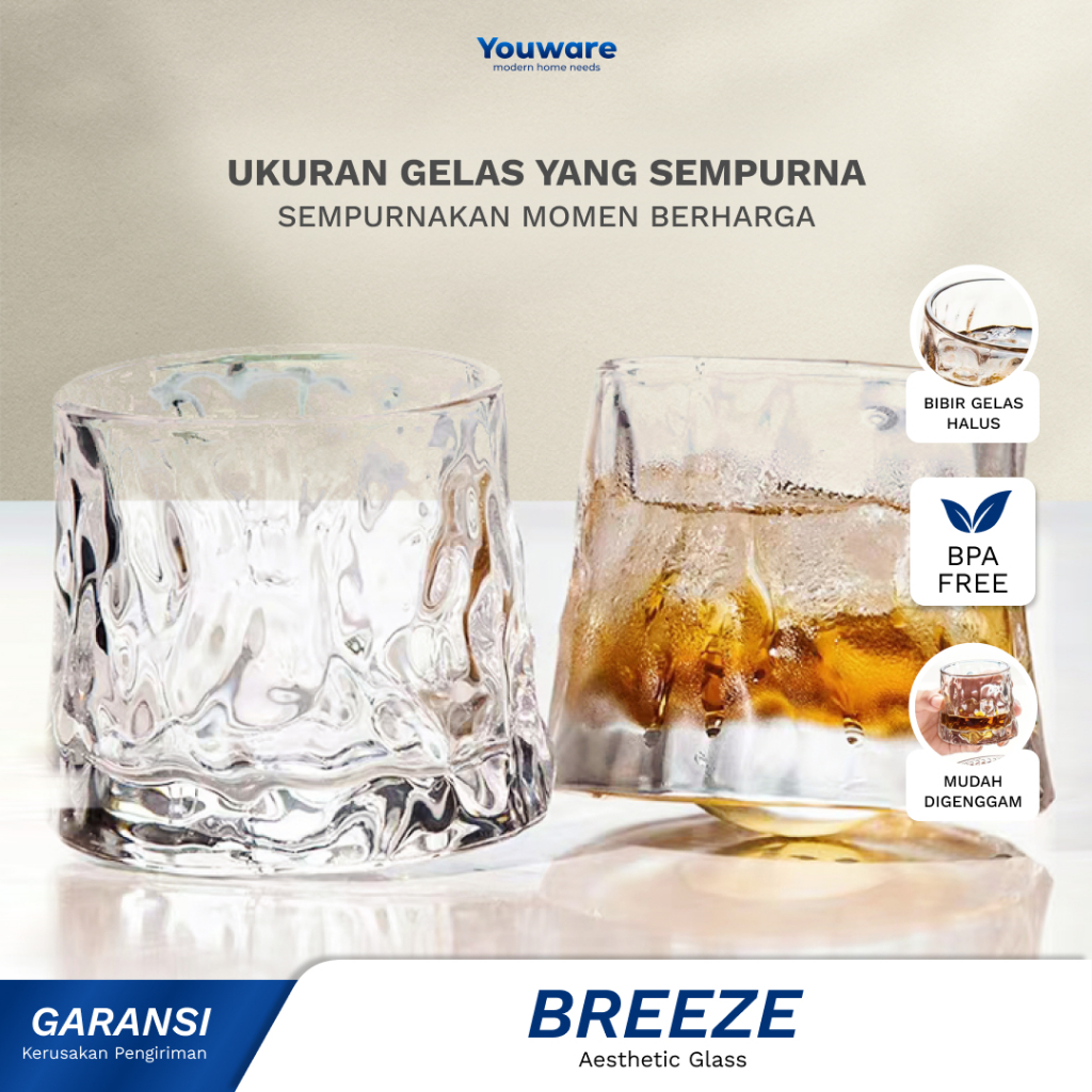 Youware - Breeze Aesthetic Glass 200ml (1 Pcs) / Gelas Estetik / Gelas Kaca Cantik / Gelas Motif / G