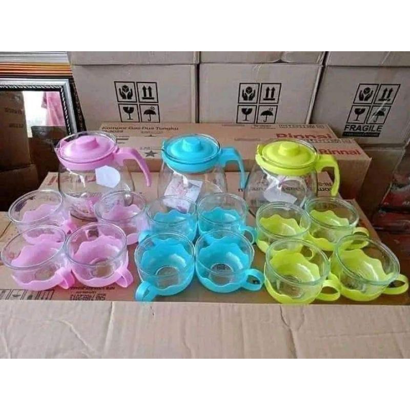 TEAPOT SET 5IN1 / SUN GLASS 5IN1 / PAKET TEKO KACA WARNA-WARNI DAN GELAS.