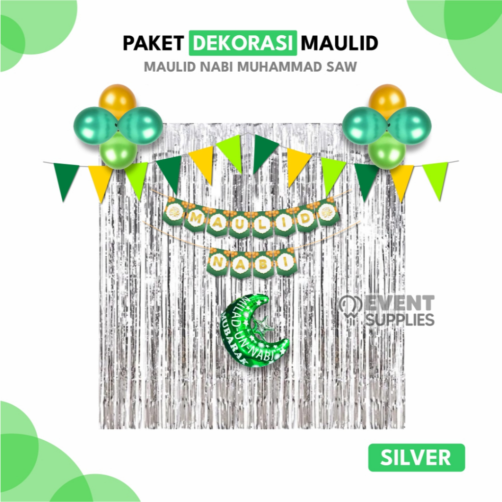 Paket Hemat Dekorasi Maulid Nabi Muhammad / Balon Hiasan Gold Silver 2m x 2m Event Maulid