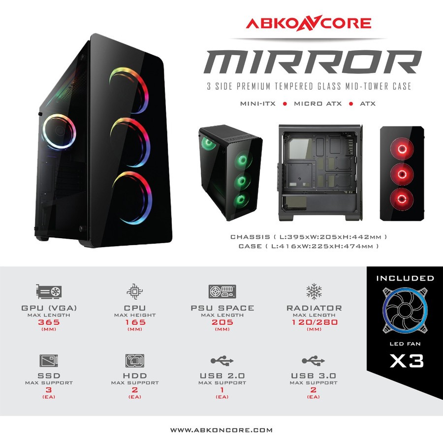Case Gaming ABKONCORE MIRROR - INCLUDED 3 PCS FAN LED