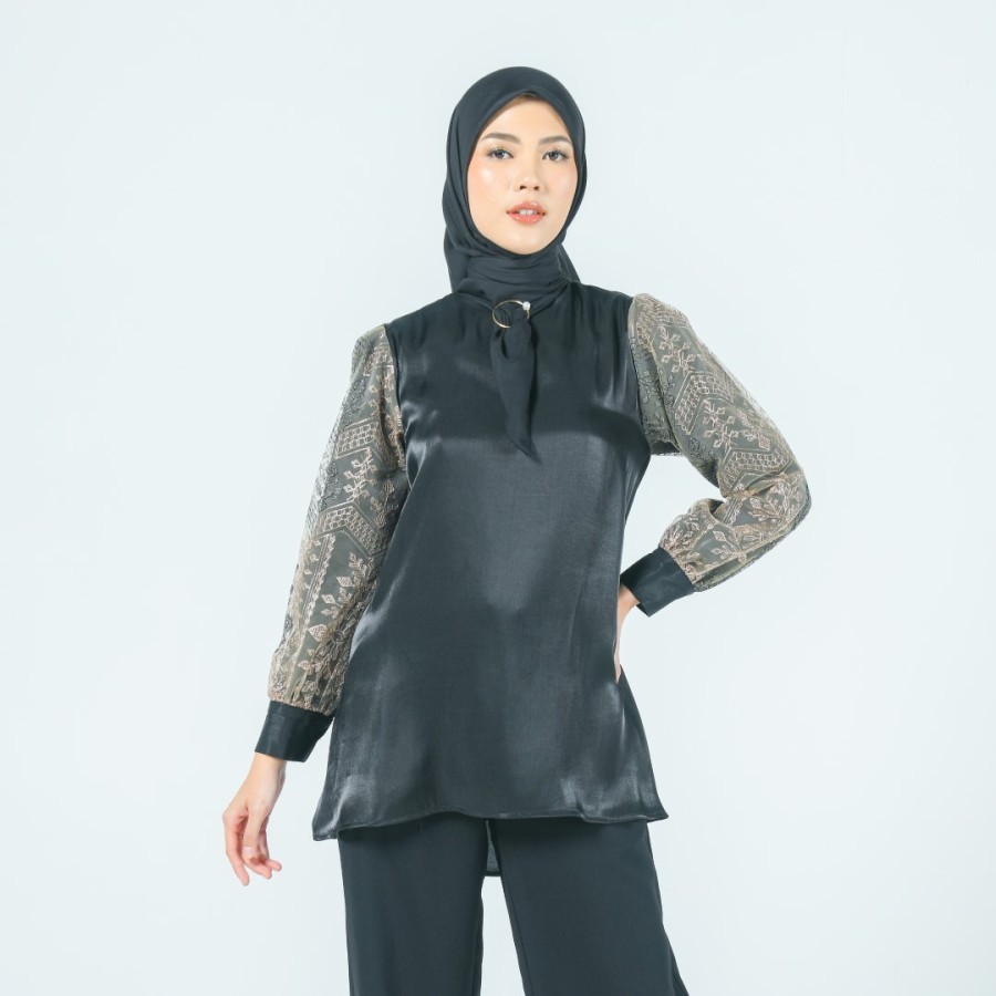 Atasan Wanita Wudhu Friendly - Zoya HESTIA Blouse - Bahan Glaze Silk & Lace
