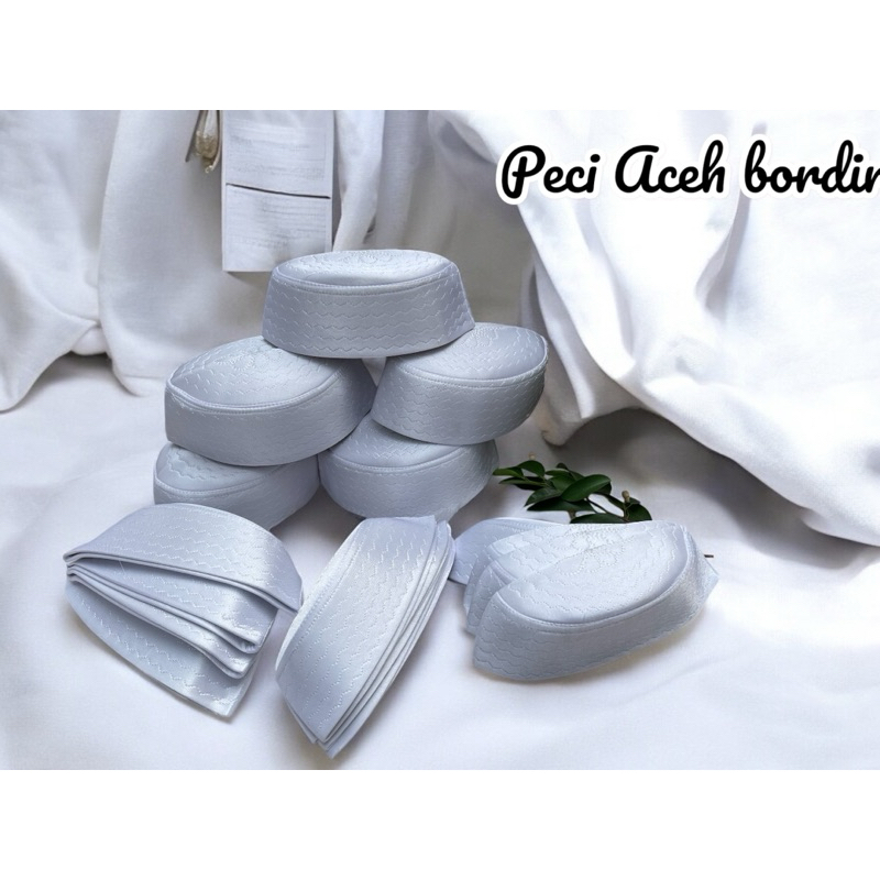 peci Aceh bordir /peci bordir putih/peci songkok dewasa muslim