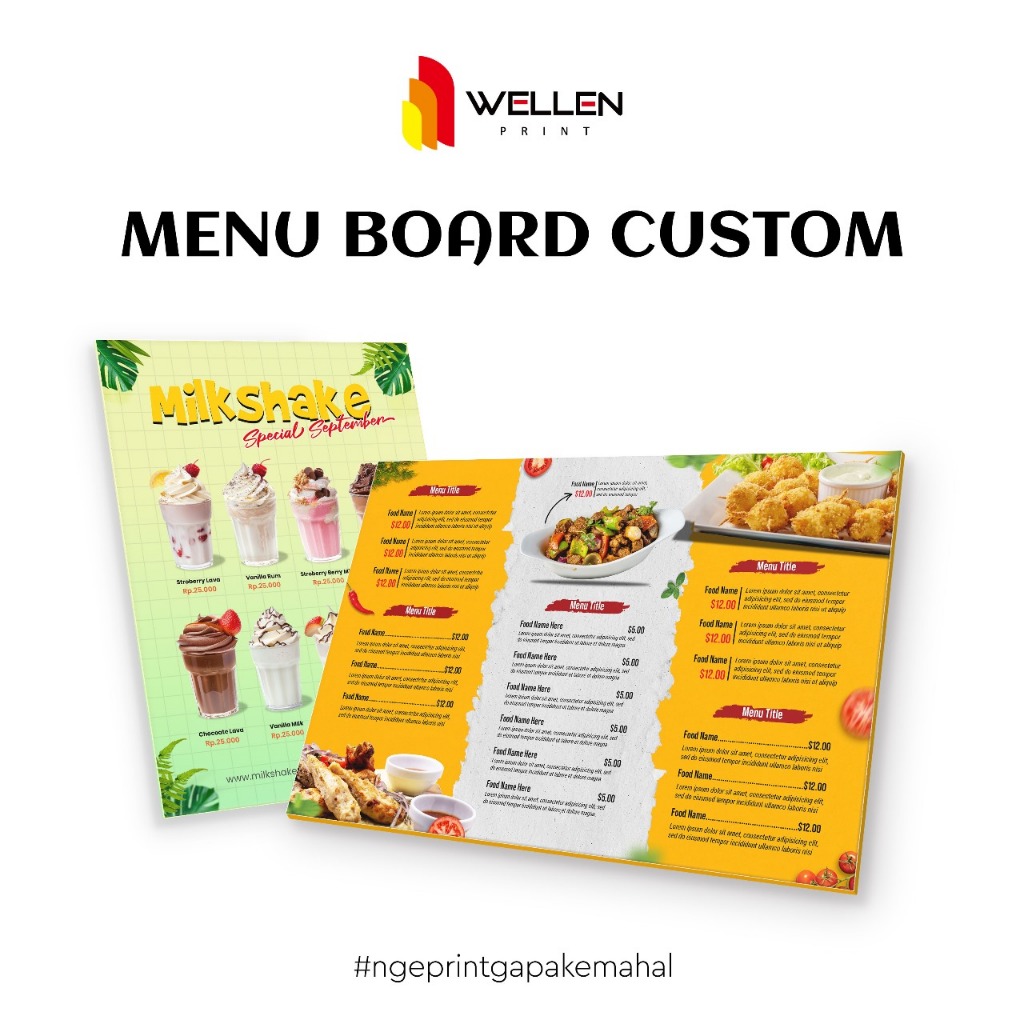 

WELLEN PRINT – Cetak Menu Board Custom / Print Papan Menu Hard Cover A3 / Daftar Menu Hardcover Makanan Restoran / Katalog Daftar Harga Minuman Kedai Café