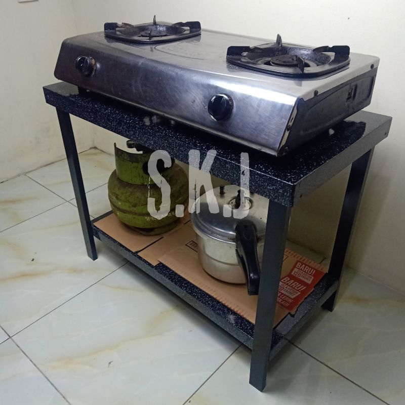 Meja Kompor gas 2 Tungku Rak Kayu 2 Susun Minimalis Moderen Serbaguna
