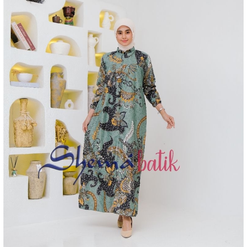 GAMIS BATIK WANITA HIJAB MODEREN GAUN PESTA PERNIKAHAN MOTIF IJO ROYO ROYO