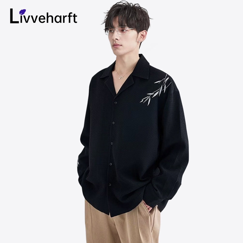 Livveharft-Kemeja Fleece Pria Lengan Panjang Bordir Kemeja Hitam/Putih Pria Baju Asimetris Pria Kore