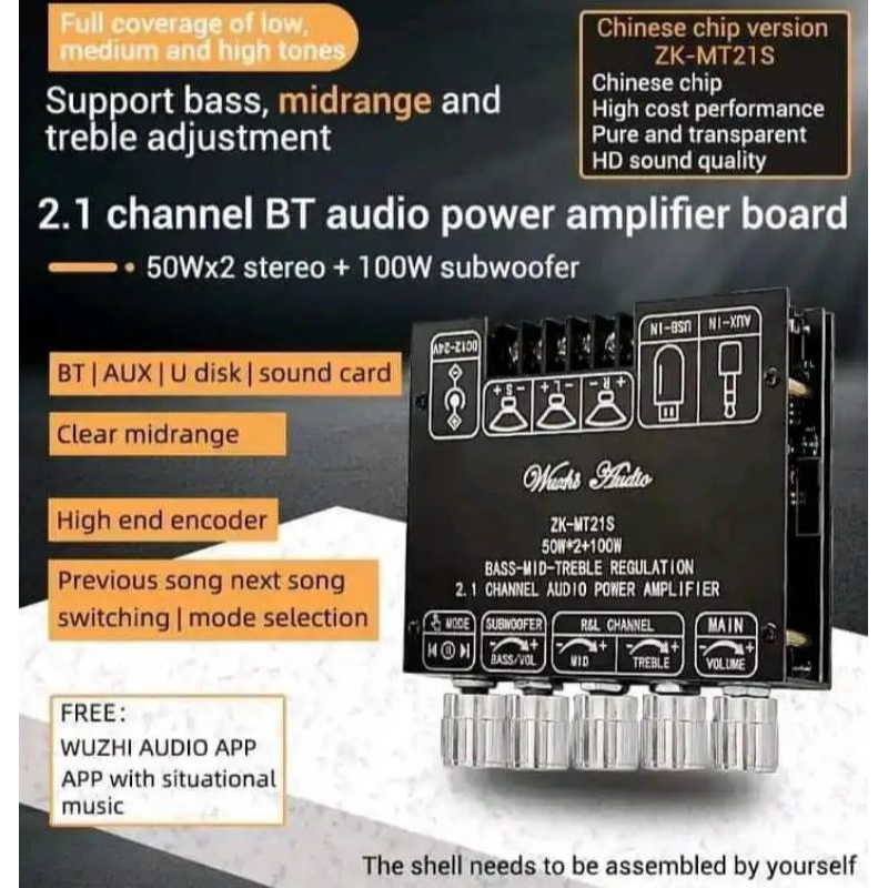 Bluetooth 5.1 Amplifier Class D Hifi Stereo Amplifier 2.1 CH 2x 50W + 100W Original  ZK-MT21S