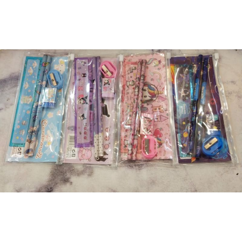 

Alat Tulis Set Perlengkapan sekolah Anak study set 6in1 Motif Karakter Kuromi, Chinamonroll , Unicorn, Space Dream kode 6018