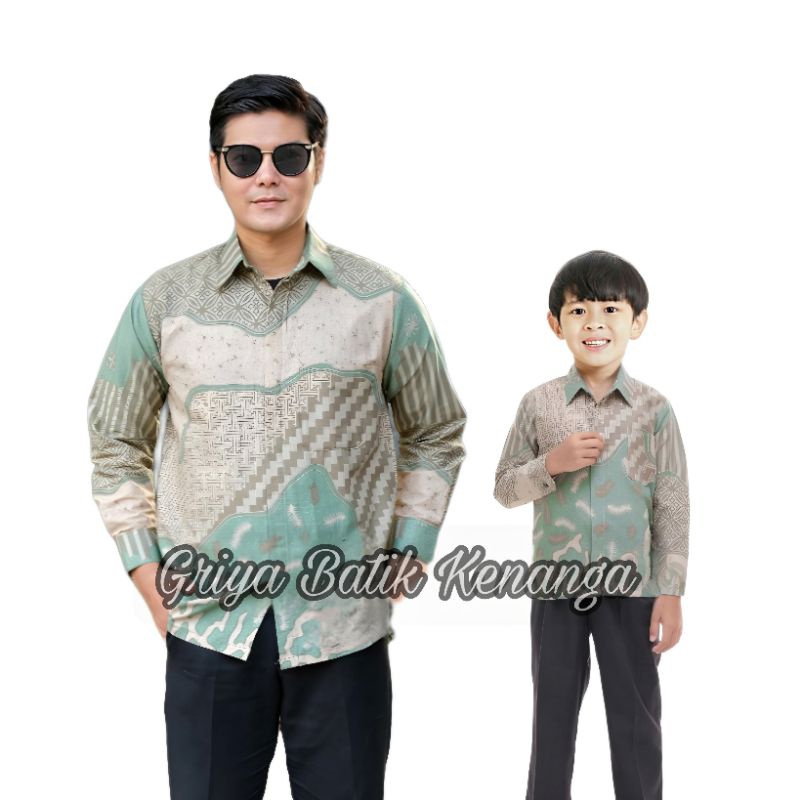 Kemeja Batik Anak Laki laki Warna Hijau Sage Green Batik Pria Dewasa Couple Batik Ayah dan Anak Laki