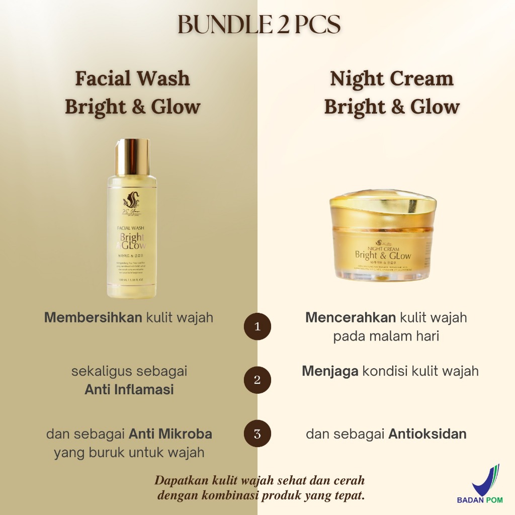 JS Glow Bright & GLow Series (2in1) Paket Skincare Set Facial Wash & Night Cream Basic Skincare