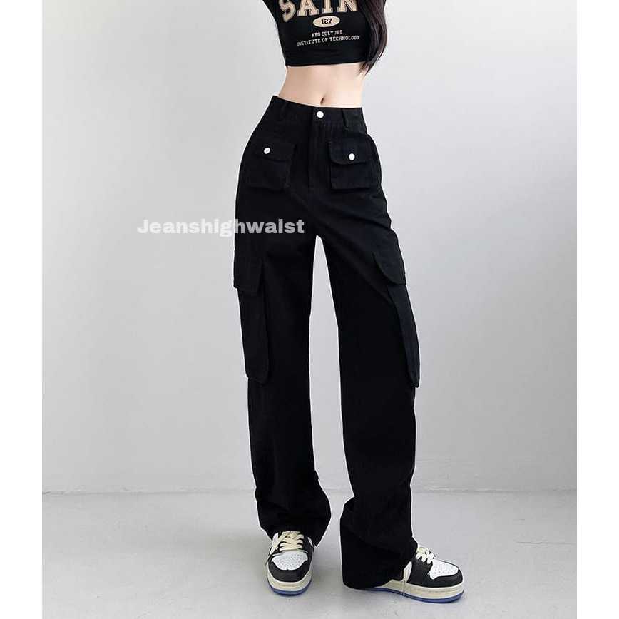 JEANSHIGHWAIST- Celana Cargo Pasir Putih Krem New Highwaist Jeans Celana Panjang Cargo Wanita