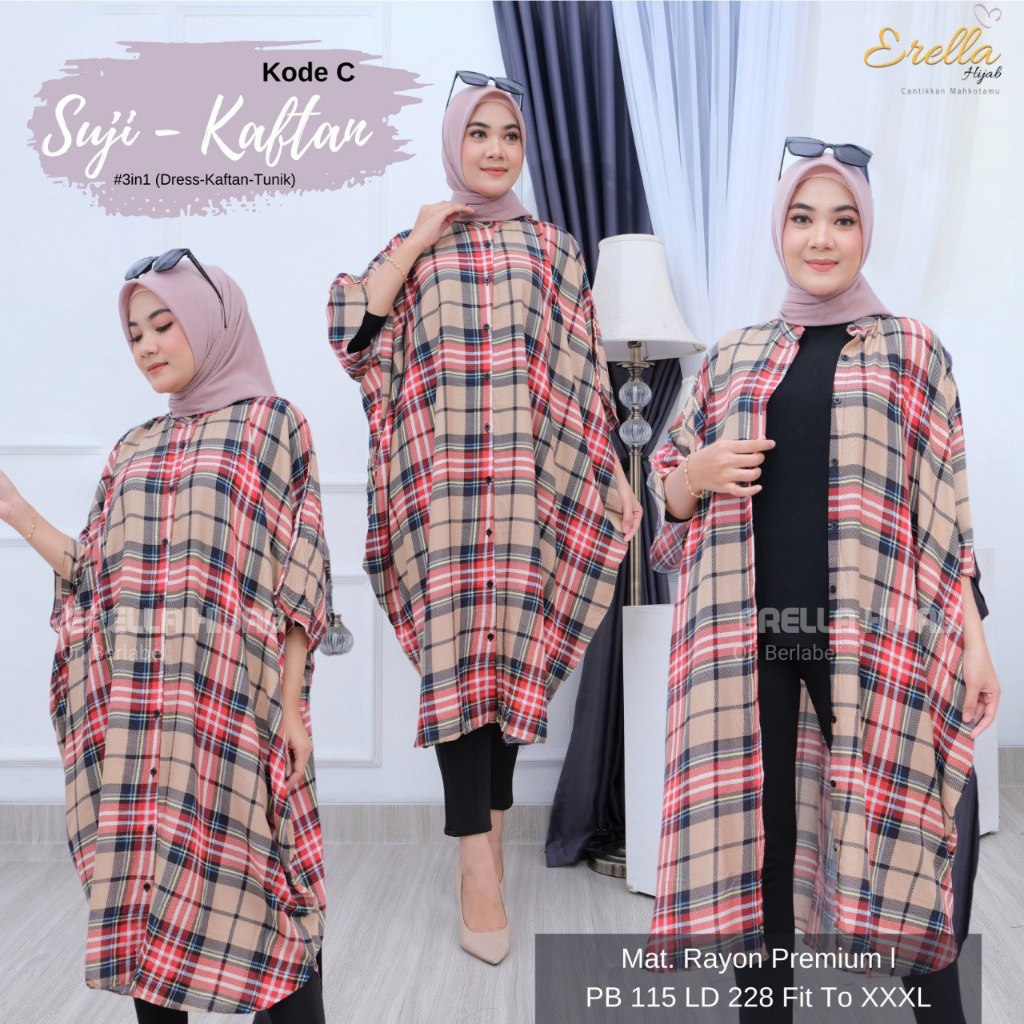 Suji Set Tunik 3 IN 1 tunik motif kotak-kotak Wanita Premium Bahan Rayon Premium