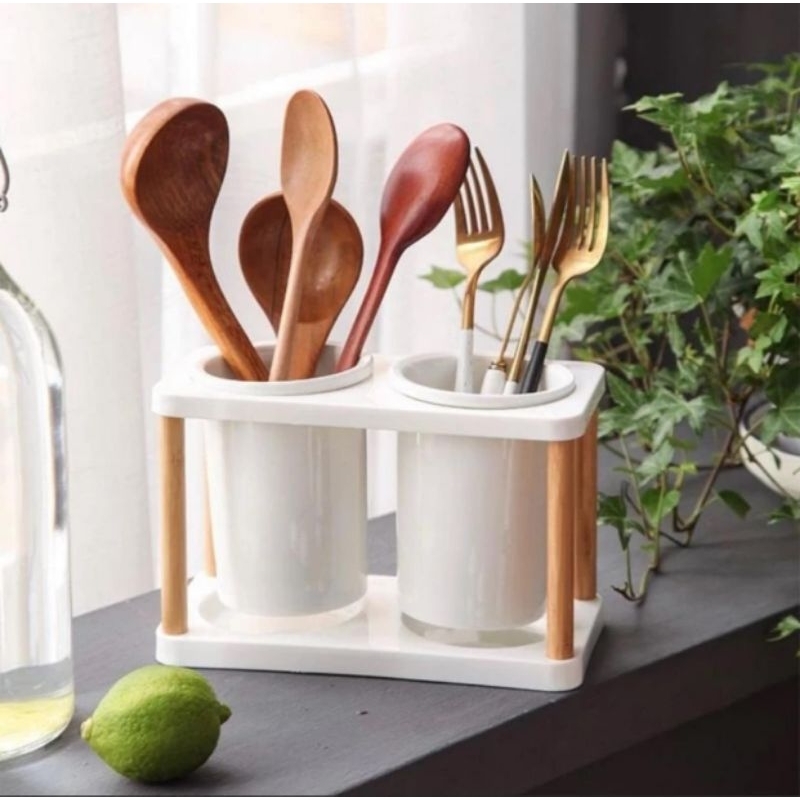 Rak Sendok Keramik Kayu / Tempat Sendok Aesthetic / Tempat Penyimpanan Sendok Garpu Sumpit