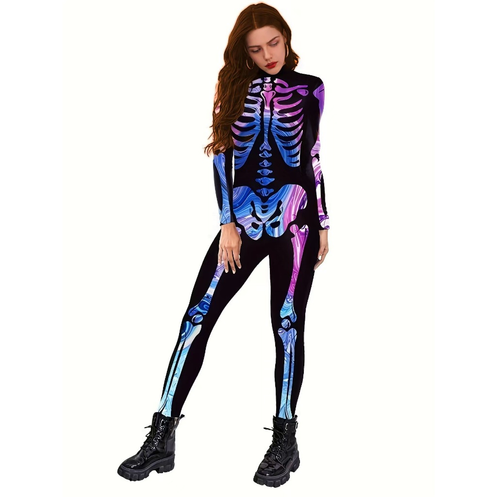 Halloween Night Makeup Ball Men's and Women's Skeleton Colorful Skeleton 3D Digital Printed jumpsuit