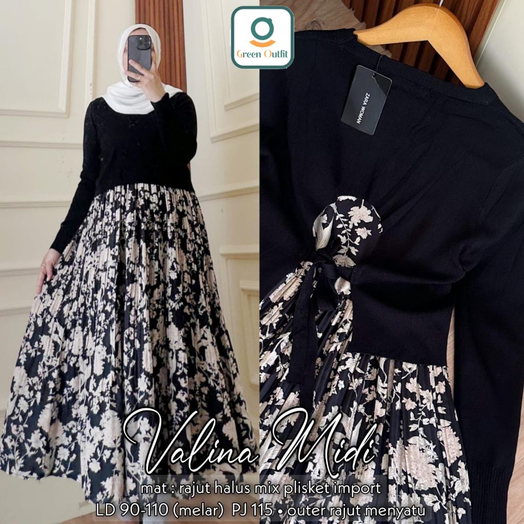 Valina baju gamis midi dres wanita muslim remaja rajut knit plisket jumbo import premium terbaru