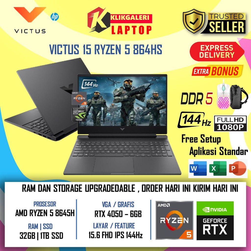 Laptop Gaming Murah HP Victus 15 Amd Ryzen 5 8645H RTX4050 - 6gb  Ram 40GB  DDR5 1TB SSD 144Hz