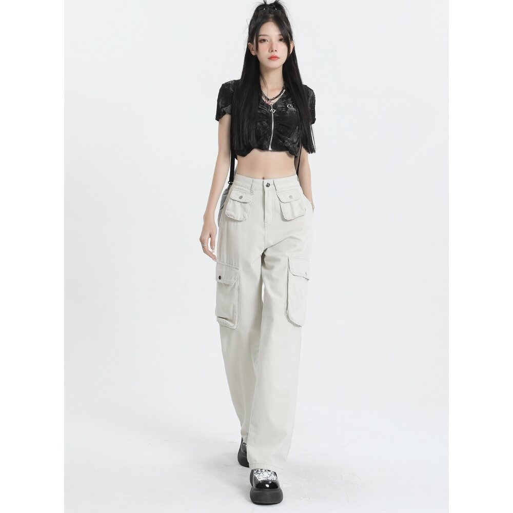 Celana Cargo Wanita Korean Style Highwaist Pants Pasir Putih Jumbo Big Size