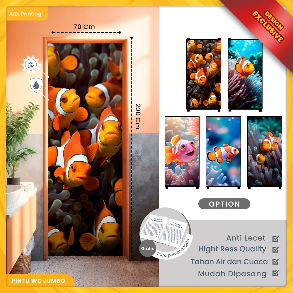 Stiker Pintu Wc / Sticker Pintu Kamar Mandi Motif Ikan Nemo Ukuran Standart Dan Jumbo Branding Kamar