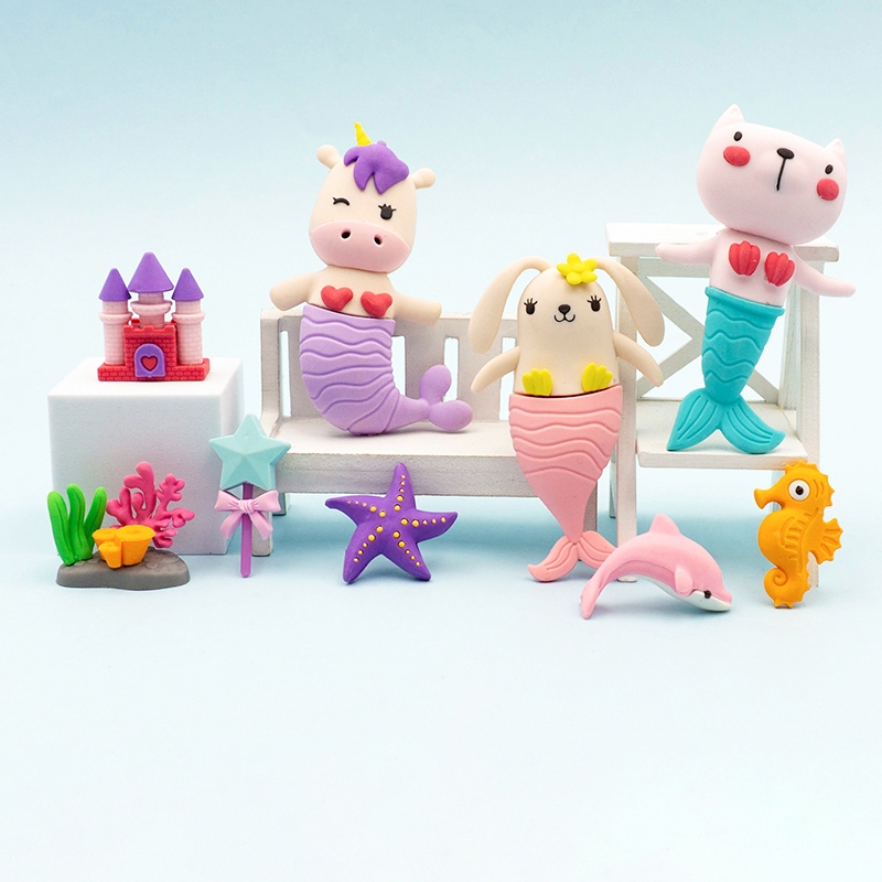 

8754 Set penghapus karakter mermaid putri duyung hewan unicorn kucing kelinci sensory play bongkar pasang stationery