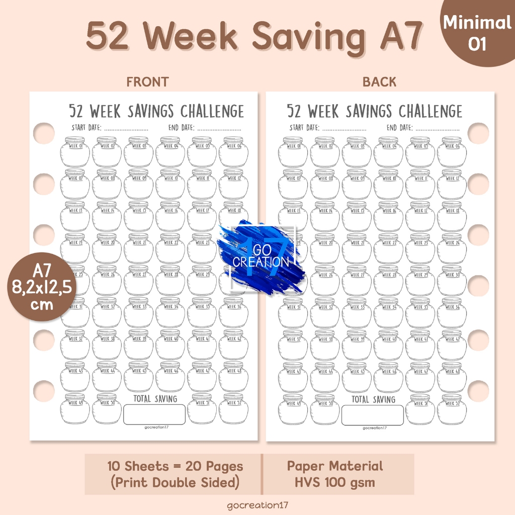 

Buku Planner Refill Kertas Isi Binder 52 Week Saving Challenge Simple Minimalis A7