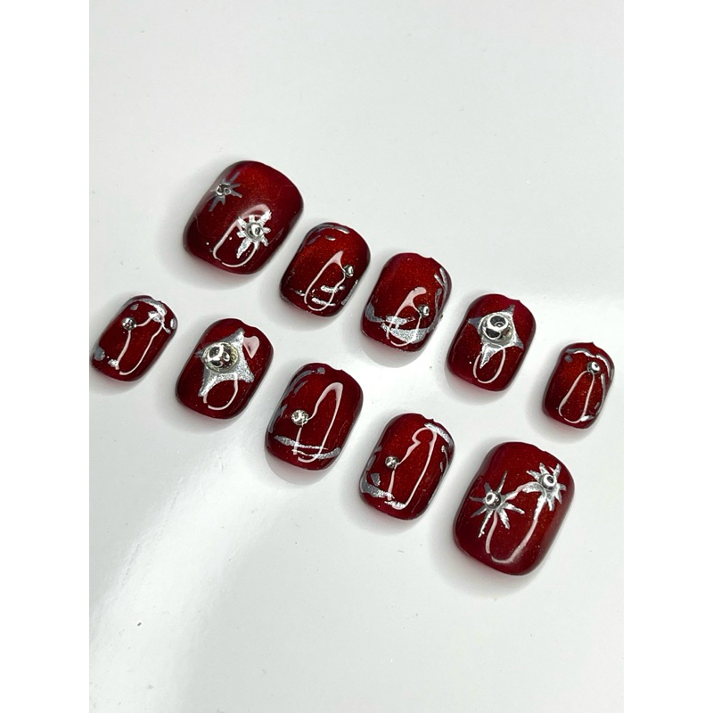 RED CAT EYE WITH SILVER CHROME Y2K PRESS ON NAILS | SLAY ON NAILS | KUKU PALSU MERAH CAT EYE CHROME 