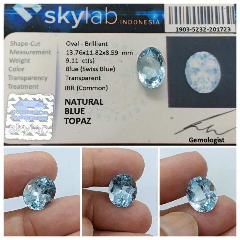 Natural Swiss Blue Topaz 9,1 ct Top Luster memo SKY minus