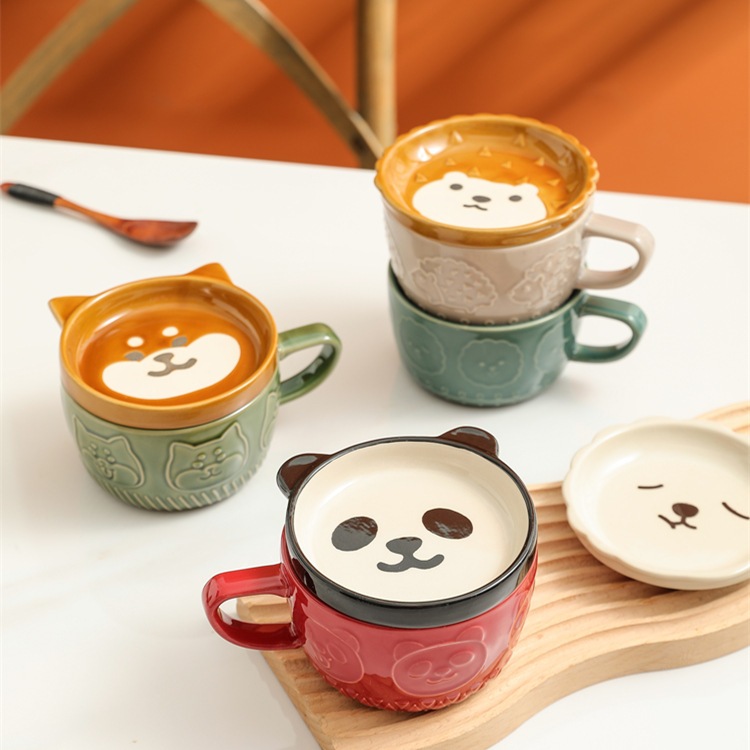 Set Mug Keramik Kartun 5 Warna dengan Tutup dan Tatakan Gelas Kopi Sarapan Lucu dengan Desain Kucing
