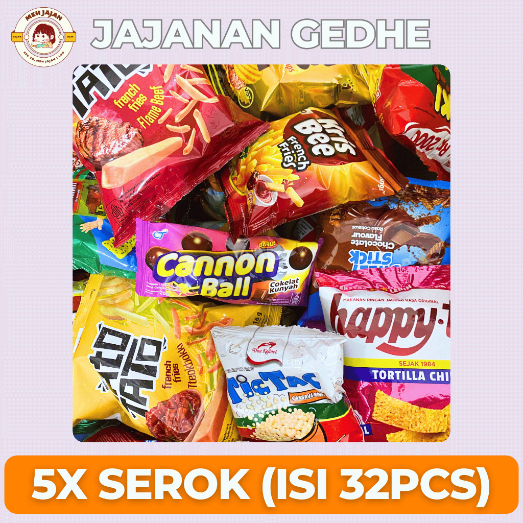 

(5X SEROK ISI 32pcs) JAJANAN GEDHE SNACK MURAH MANIS GURIH RANDOM - FREE GIFT