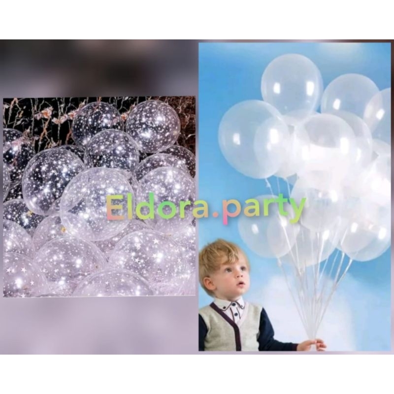 Balon Latex Transparan isi confetti/Balon Bening Transparan/Balon latex transparan motif bintang/Bal