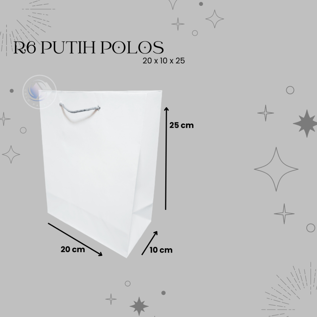

PAPERBAG R6 PUTIH POLOS (size 20x10x25) PAPERBAG HAJATAN PAPERBAG SOVENIR