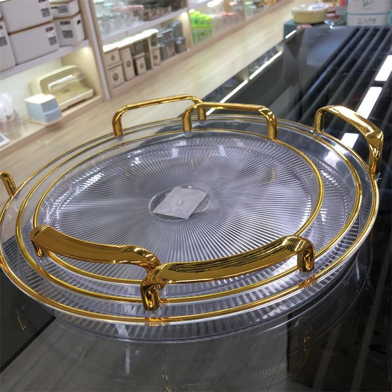 Tray Nampan Transparan Bulat Gold Plastik Nordic Luxury Tray Aesthetic Snack Fruit Tray