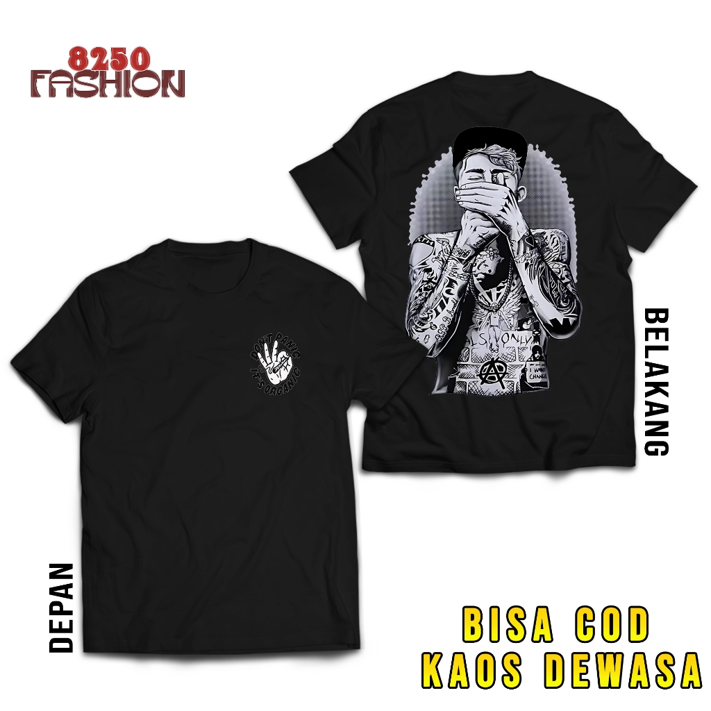 KAOS DEWASA PRIA FULL TATO PERDAMAIAN RETRO KAOS KATA DONT PANIC KEREN KAOS PRIA WANITA UNISEX