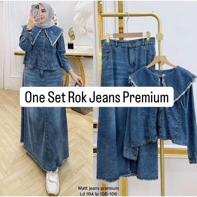 One Set Jeans Premium Bahan Jeans Baju One Set Atasan dan Rok Model Kekinian 2024 OOTD Wanita ERF