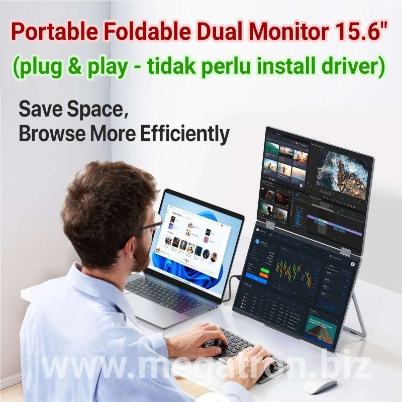 Portable Dual LED Monitor 15.6 inch (bisa dilipat) - plug and play - support Windows & Mac