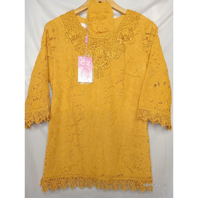 Jual atasan wanita brokat kuning kunyit C,Z, premium kancing belakang