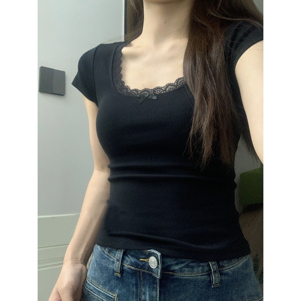Baju Pendek Wanita Crop Top Hitam Lace Edge U-Neck Sexy Slim Kekinian Kaos Wanita Premium Polos T-sh