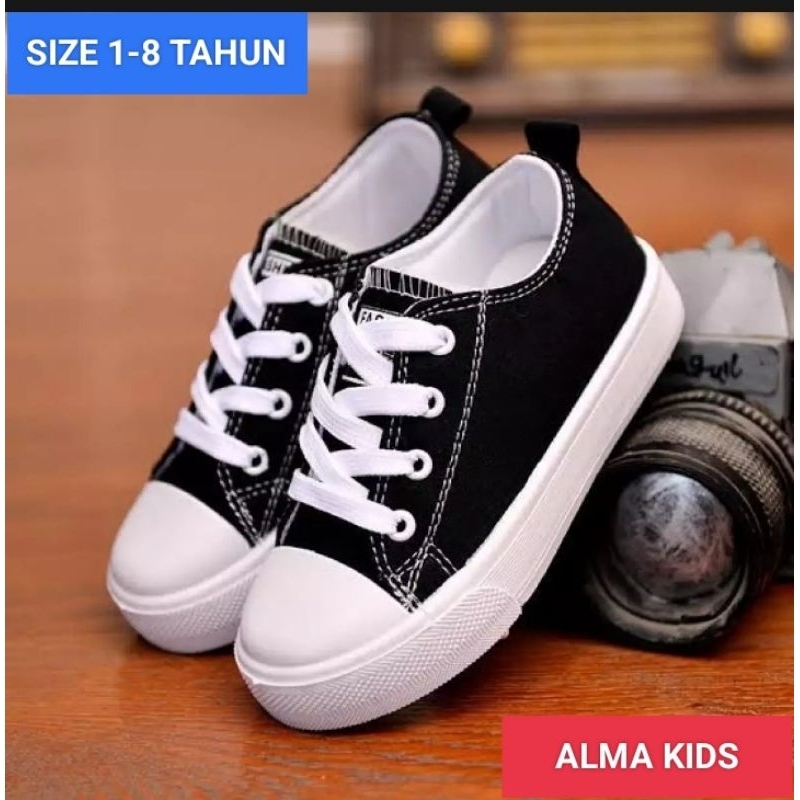 ALMA_SEPATU ANAK PEREMPUAN HITAM PUTIH POLOS SNEAKER SEKOLAH SD DAN TK SIZE 1-8 TAHUN TERBARU TERPOP