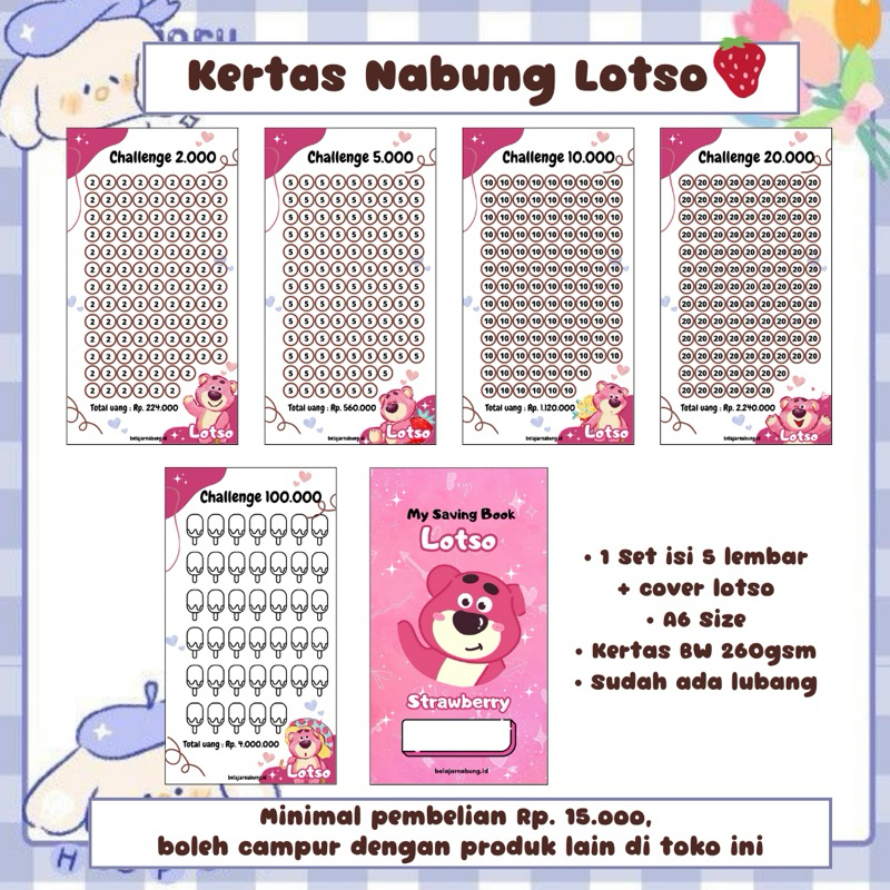 

Set Kertas Menabung Saving Challenge Binder A6 Tema Lotso