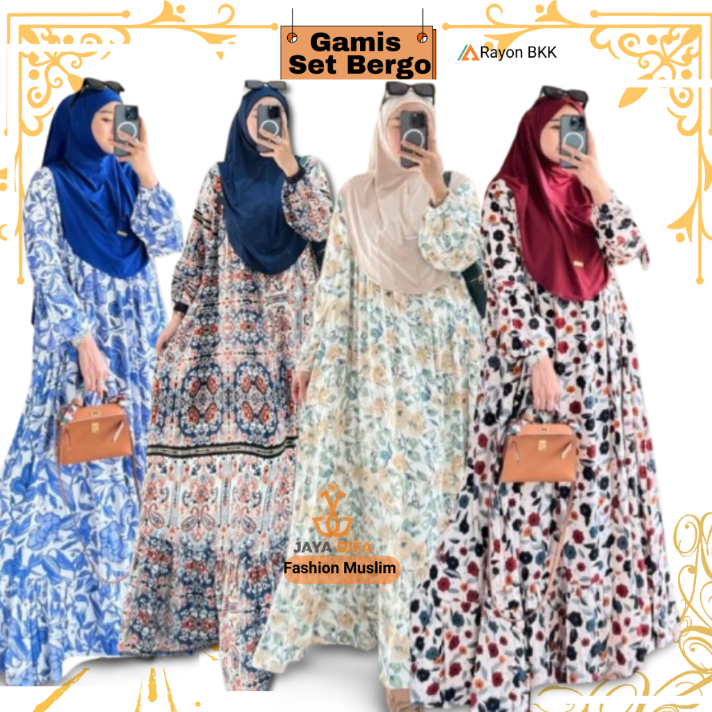 Home Dress Gamis Motif ahan Rayon BKK Premium Daily Arumi Rantika Set Hijab Bergo BJumbo LD 115 Cm T