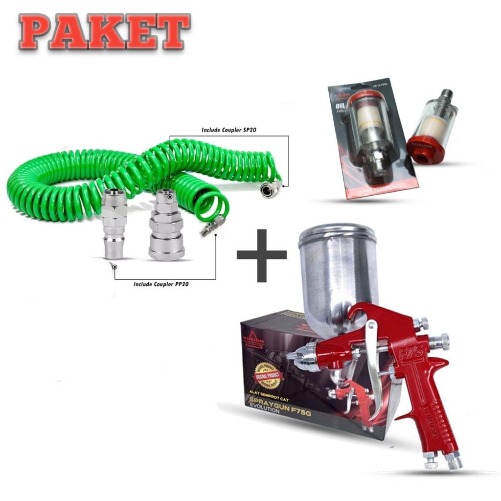 PAKET Spray Gun - Alat Semprot Cat spet Spray Gun F75G Semprotan Cat Kompresor Angin tabung atas+sir