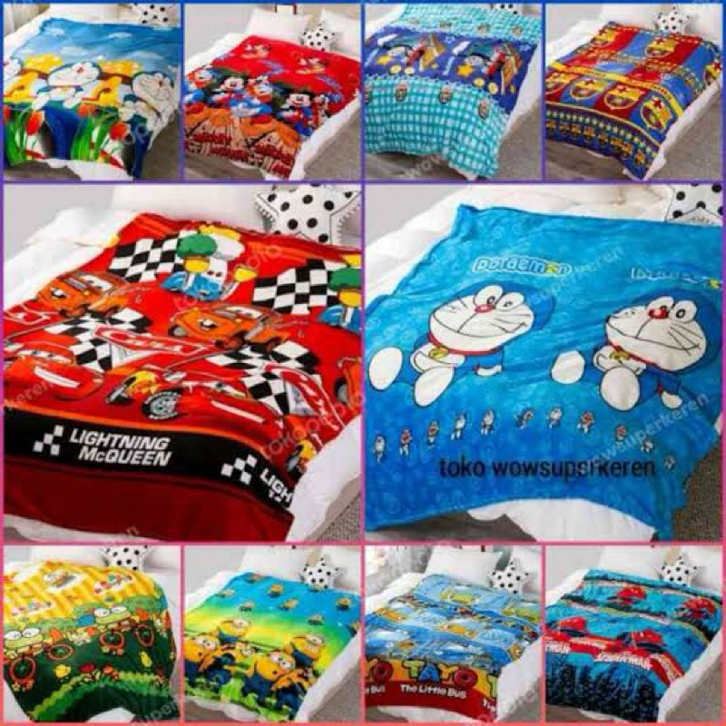 (JUMBO BIG SIZE) Selimut bulu anak karakter TAYO CARS DORAEMON KEROPI WINNIE THE POOH super lembut