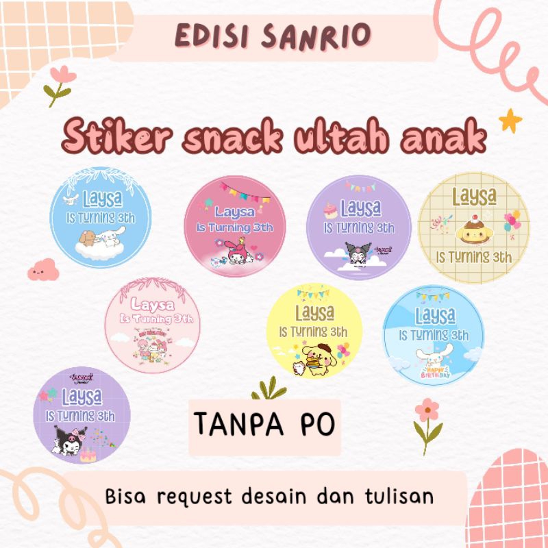 

STICKER ULTAH ANAK TEMA SANRIO /STIKER ULANG TAHUN ANAK CUSTOM / STIKER SNACK ULTAH ANAK / STIKER CUSTOM BULAT