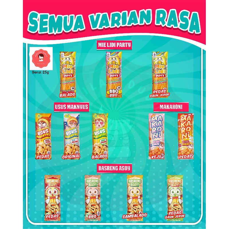 

cemilan dudut cemilan Imlek (basreng, makaroni,usus,mie lidi) 25g enak gurih renyah