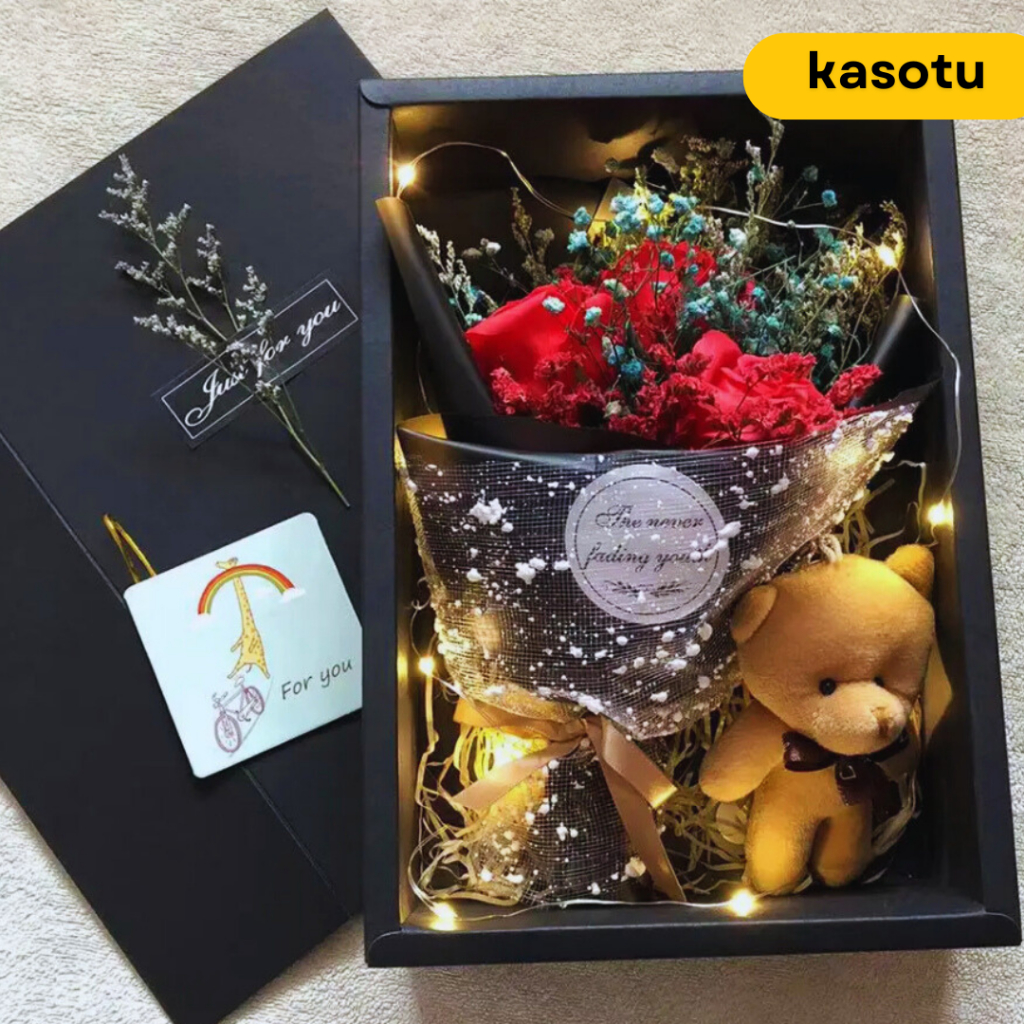 Bucket Buket Kado Hadiah Box Bunga Mawar Merah Kawat Bulu Palsu Valentine Love Bag Korea Palsu Untuk